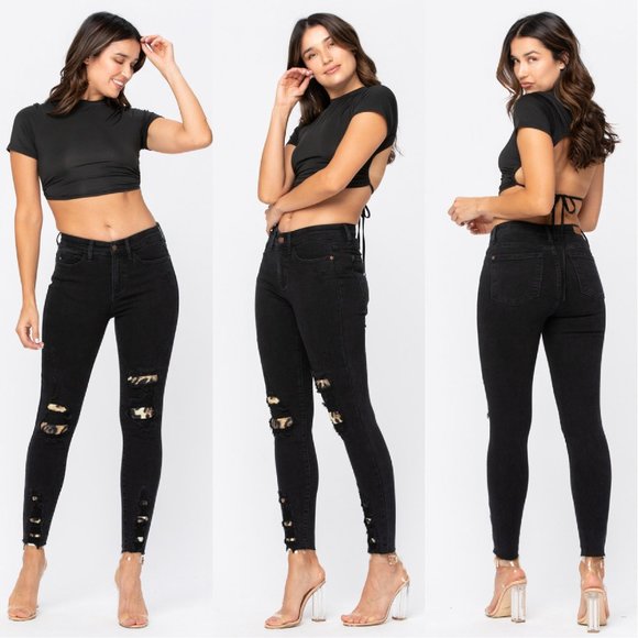 Judy Blue Black Destroyed Leopard Patch Jeans - Picture 3 of 9